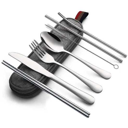 8Pcs/set Tableware Reusable Travel Cutlery Set Camp Utensils Set with stainless steel Spoon Fork Chopsticks Straw Portable case