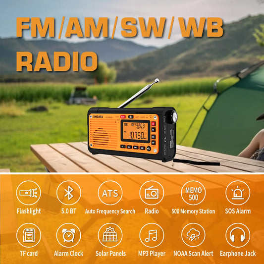 XHDATA D-608WB Emergency Crank Weather Radio – Portable Radio with Charger &amp; Bluetooth