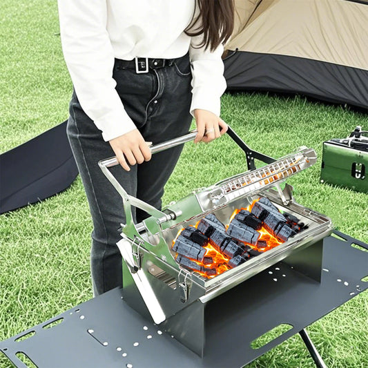 Portable BBQ Grill with 360° Rotating Top Grid for Camping